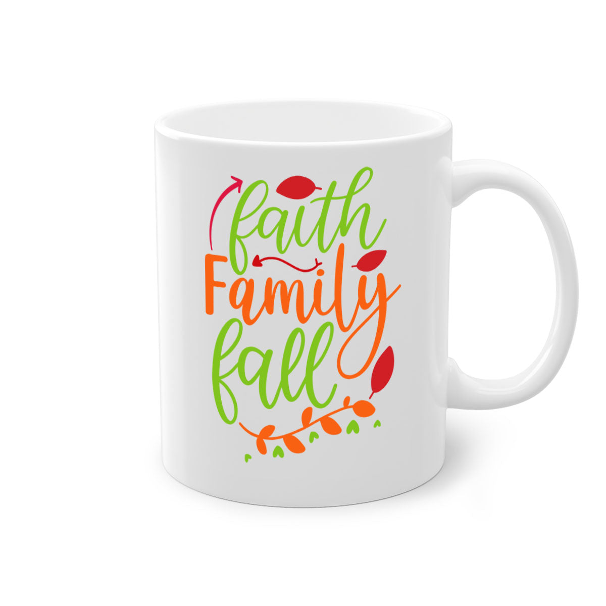 Faith Family Fall Mug featuring a two-tone design with a colored handle and glossy finish, available in multiple colors and sizes.