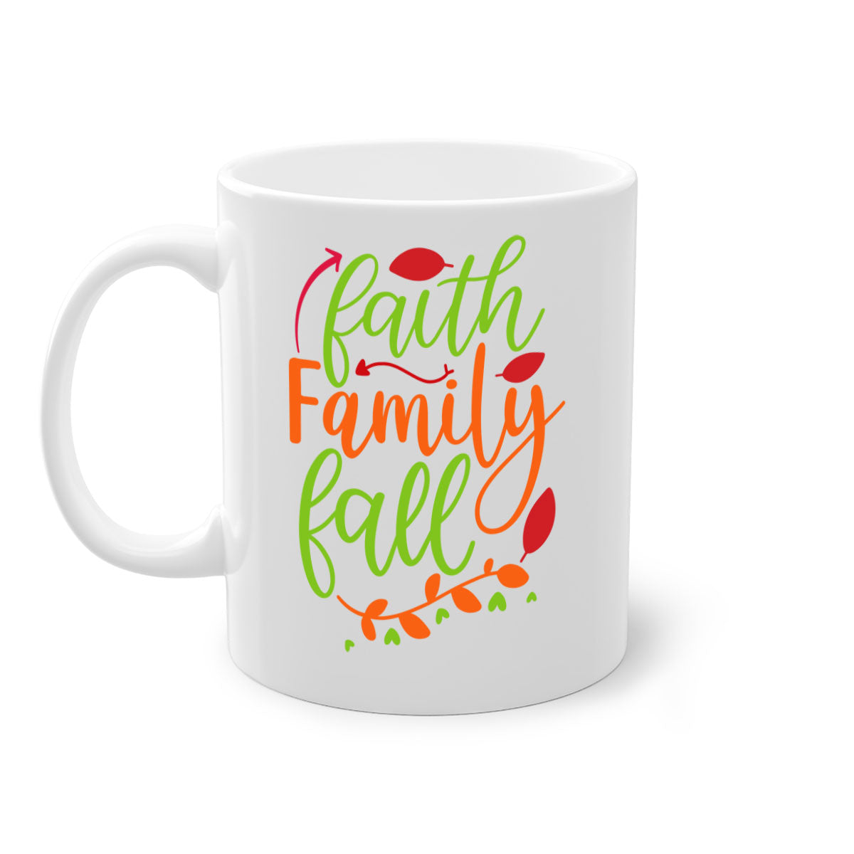 Faith Family Fall Mug featuring a two-tone design with a colored handle and glossy finish, available in multiple colors and sizes.