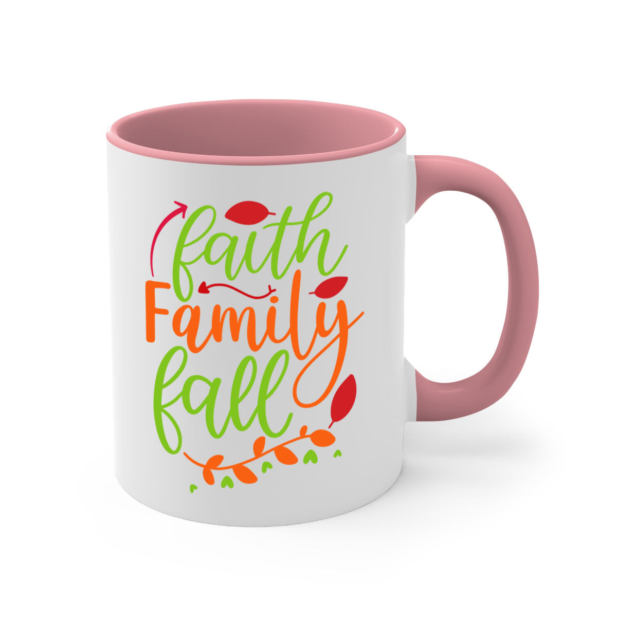 Faith Family Fall Mug featuring a two-tone design with a colored handle and glossy finish, available in multiple colors and sizes.