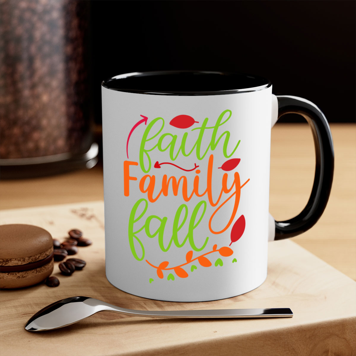 Faith Family Fall Mug featuring a two-tone design with a colored handle and glossy finish, available in multiple colors and sizes.