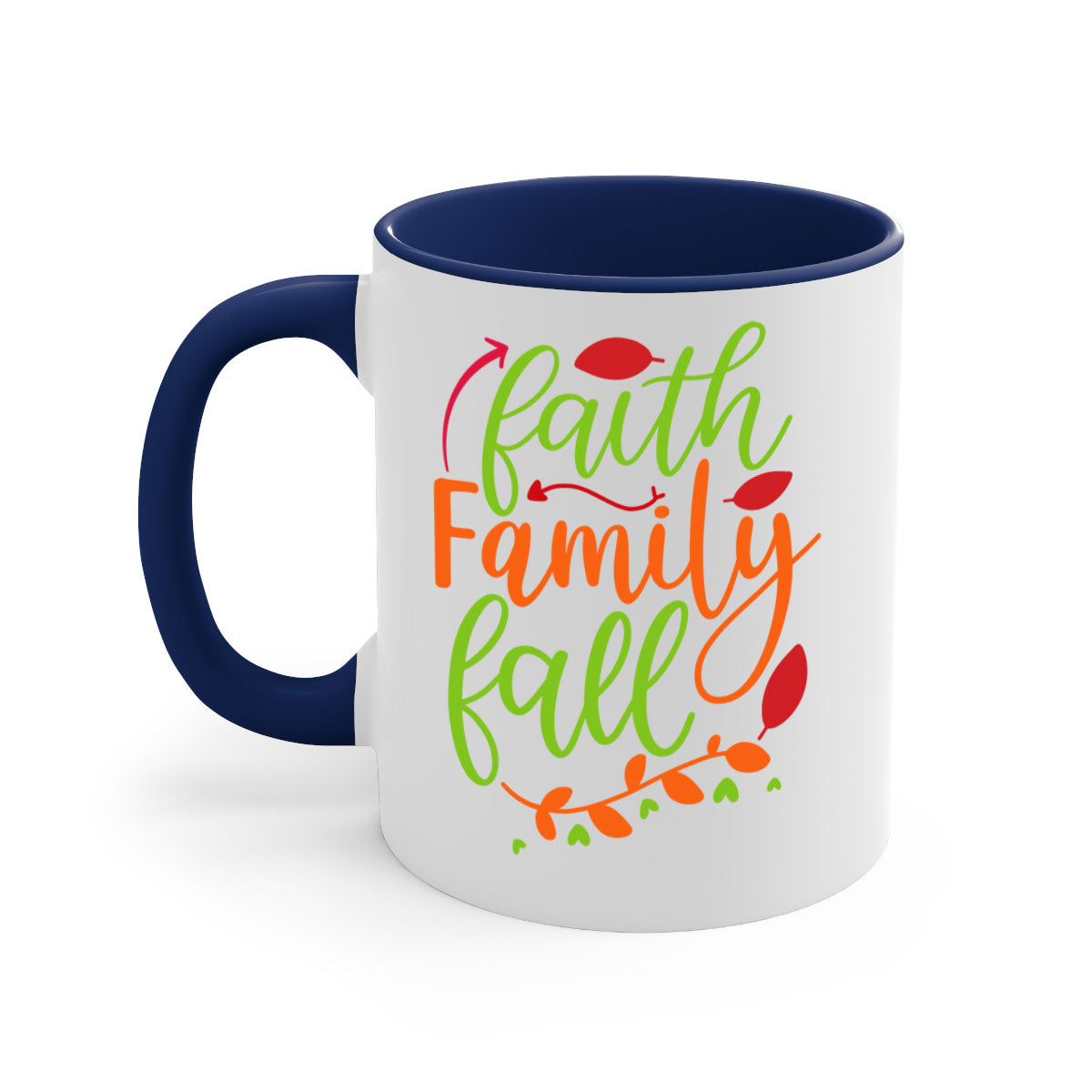 Faith Family Fall Mug featuring a two-tone design with a colored handle and glossy finish, available in multiple colors and sizes.