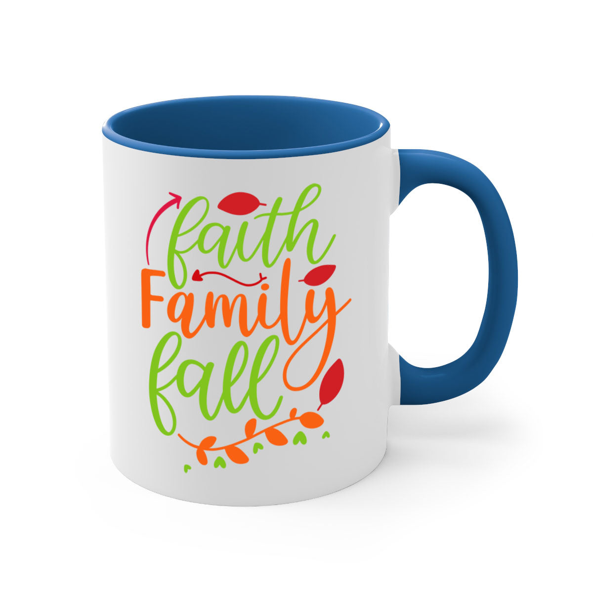 Faith Family Fall Mug featuring a two-tone design with a colored handle and glossy finish, available in multiple colors and sizes.