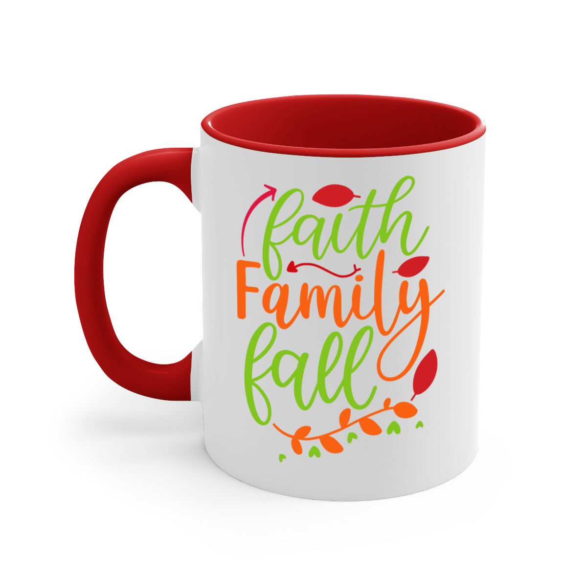 Faith Family Fall Mug featuring a two-tone design with a colored handle and glossy finish, available in multiple colors and sizes.