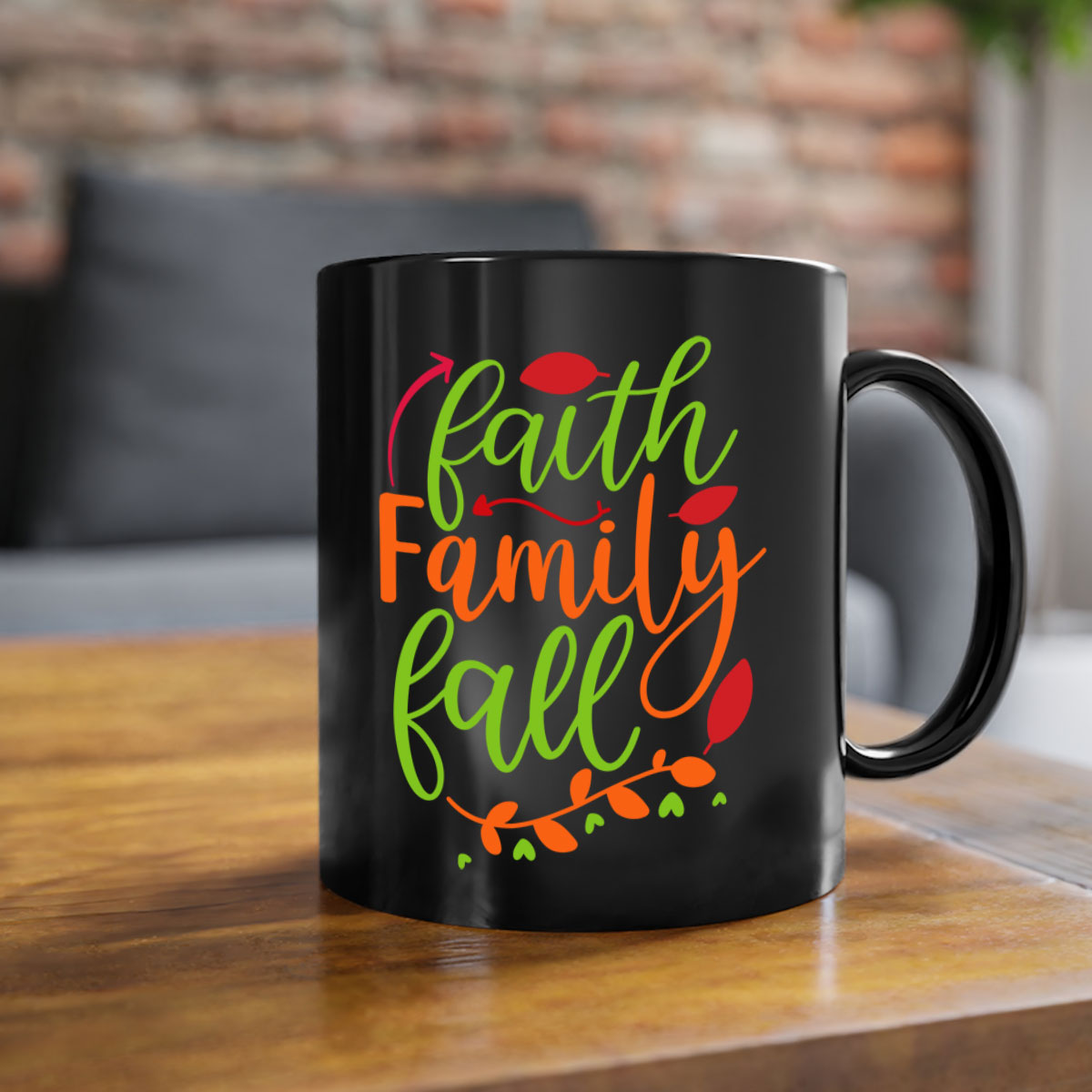 Faith Family Fall Mug featuring a two-tone design with a colored handle and glossy finish, available in multiple colors and sizes.
