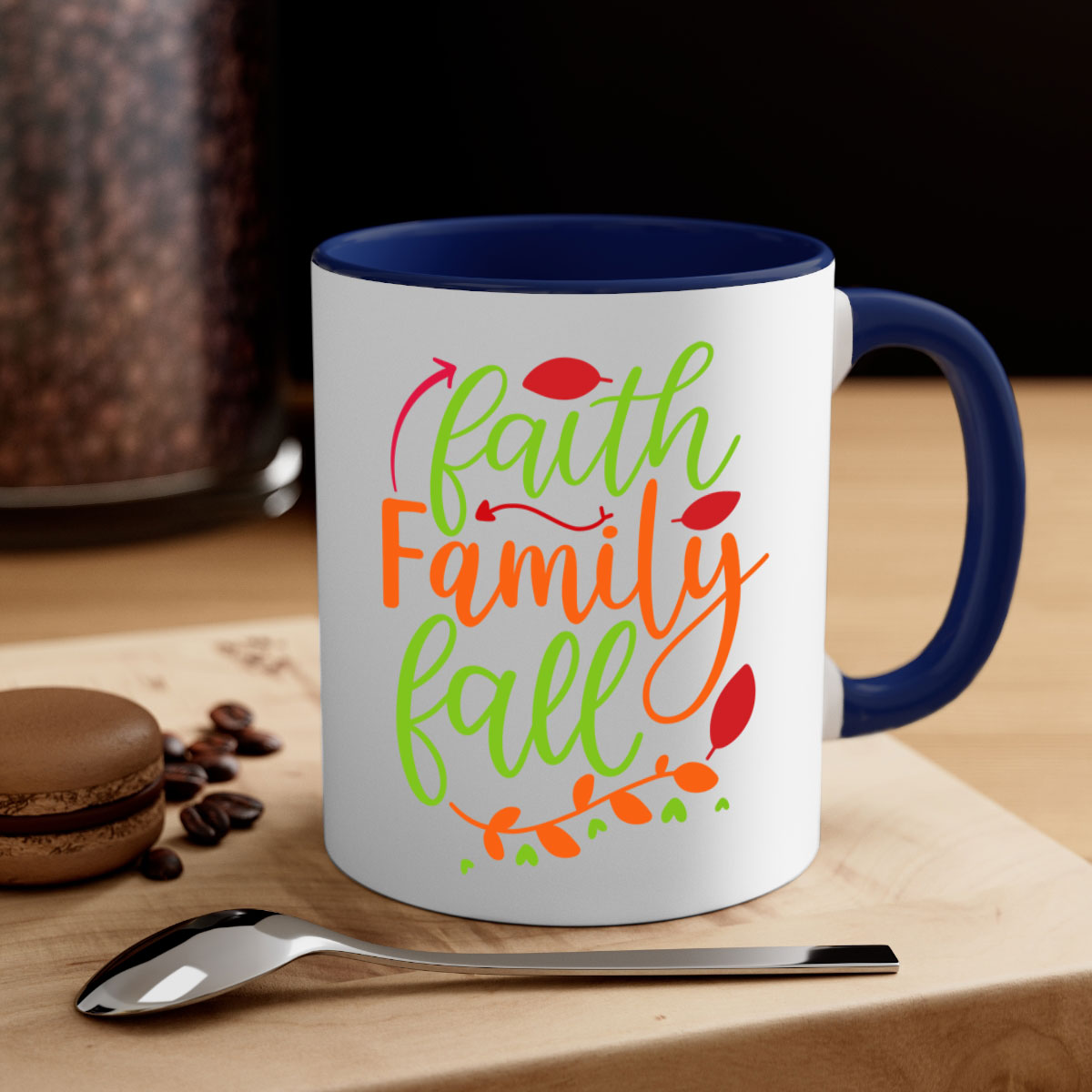 Faith Family Fall Mug featuring a two-tone design with a colored handle and glossy finish, available in multiple colors and sizes.