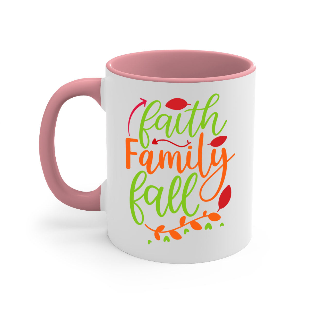 Faith Family Fall Mug featuring a two-tone design with a colored handle and glossy finish, available in multiple colors and sizes.