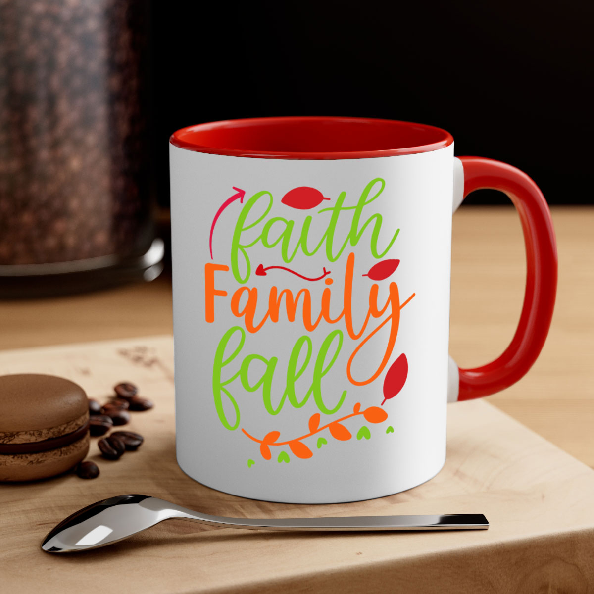 Faith Family Fall Mug featuring a two-tone design with a colored handle and glossy finish, available in multiple colors and sizes.