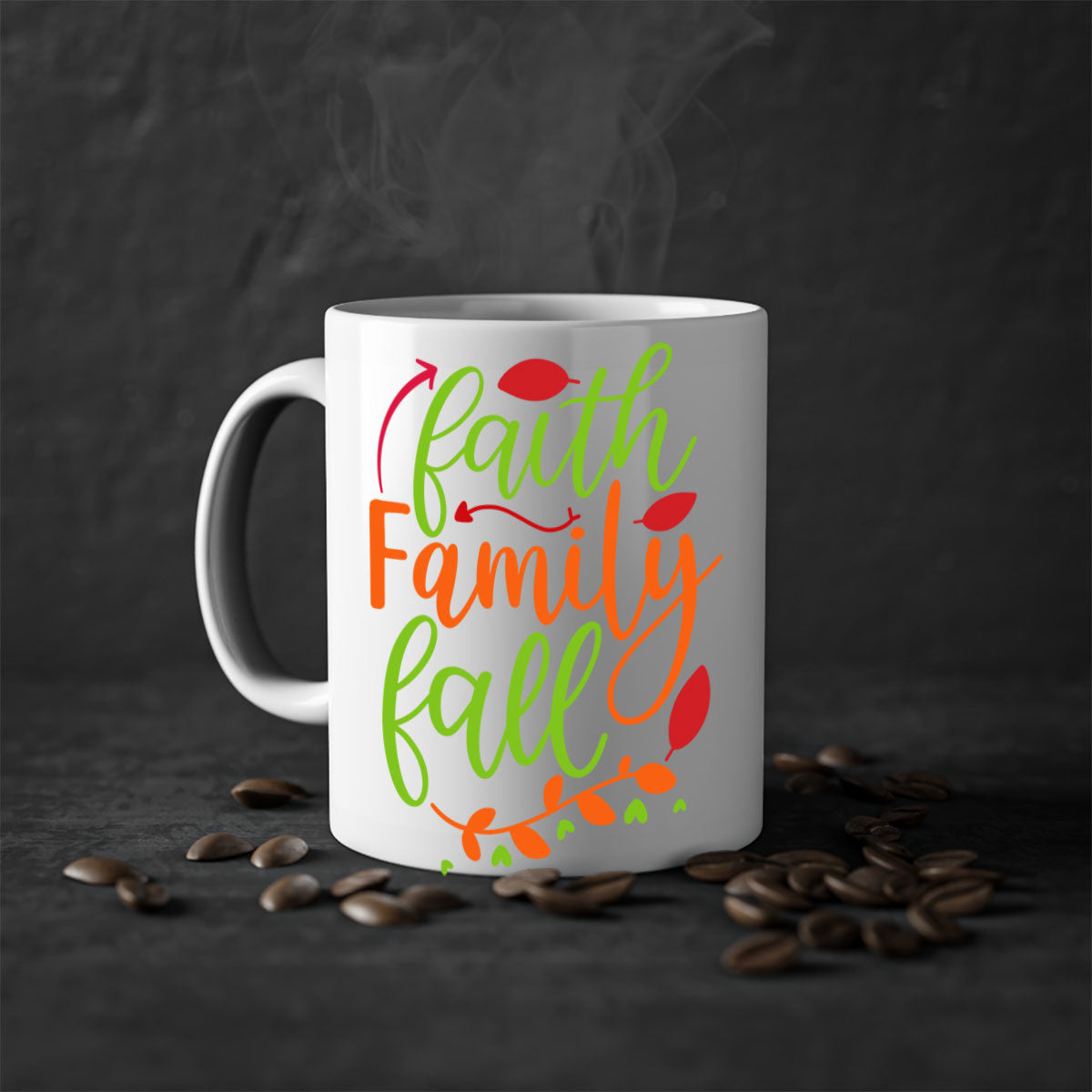 Faith Family Fall Mug featuring a two-tone design with a colored handle and glossy finish, available in multiple colors and sizes.