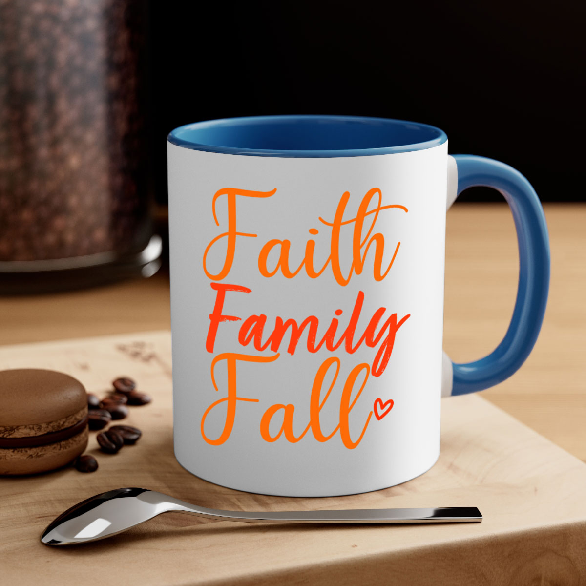 Faith Family Fall Design Mug with two-tone colors and glossy finish, featuring a colored handle and interior, perfect for coffee or tea.