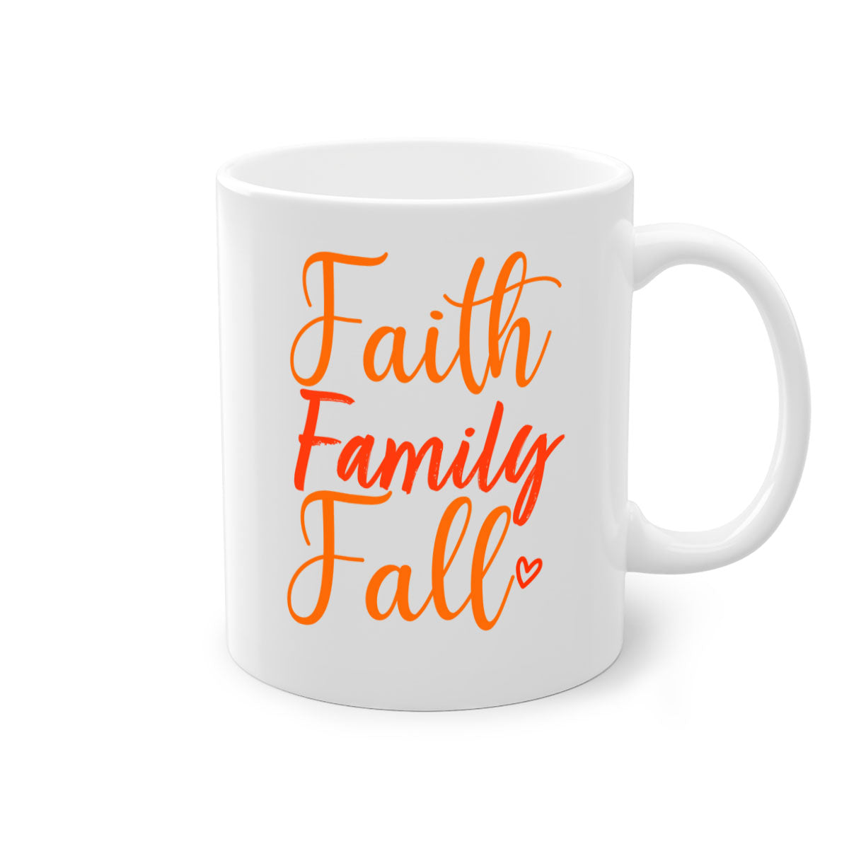 Faith Family Fall Design Mug with two-tone colors and glossy finish, featuring a colored handle and interior, perfect for coffee or tea.
