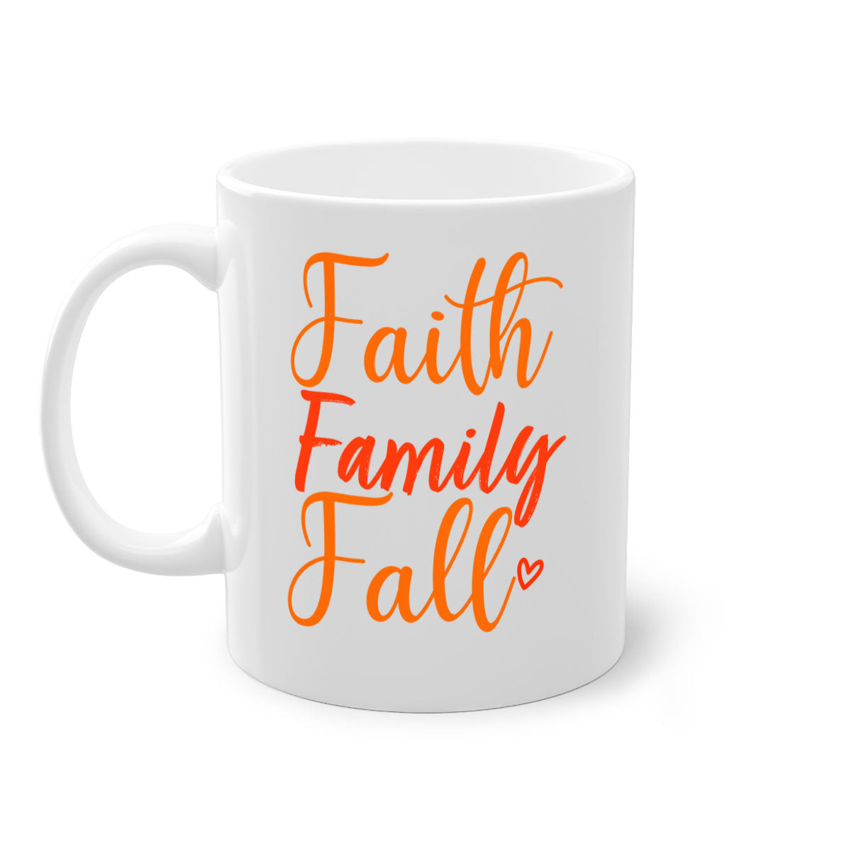 Faith Family Fall Design Mug with two-tone colors and glossy finish, featuring a colored handle and interior, perfect for coffee or tea.