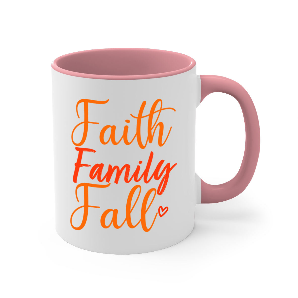 Faith Family Fall Design Mug with two-tone colors and glossy finish, featuring a colored handle and interior, perfect for coffee or tea.