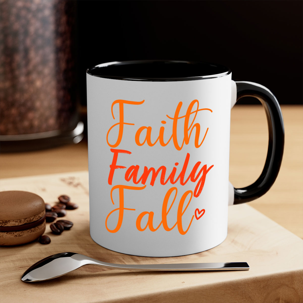 Faith Family Fall Design Mug with two-tone colors and glossy finish, featuring a colored handle and interior, perfect for coffee or tea.