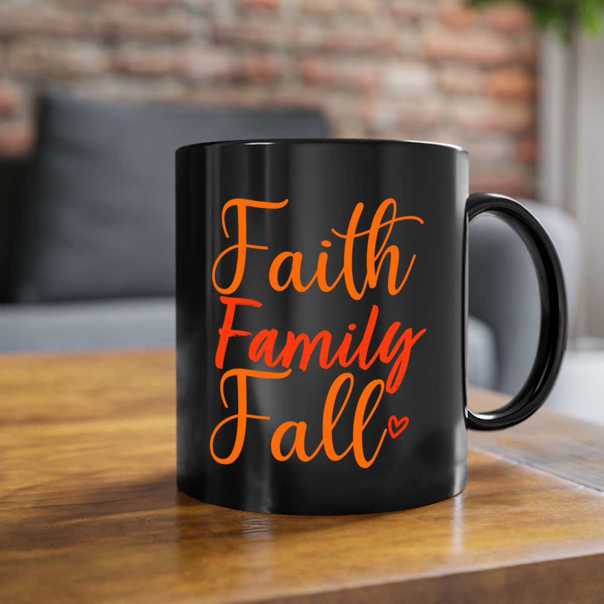 Faith Family Fall Design Mug with two-tone colors and glossy finish, featuring a colored handle and interior, perfect for coffee or tea.