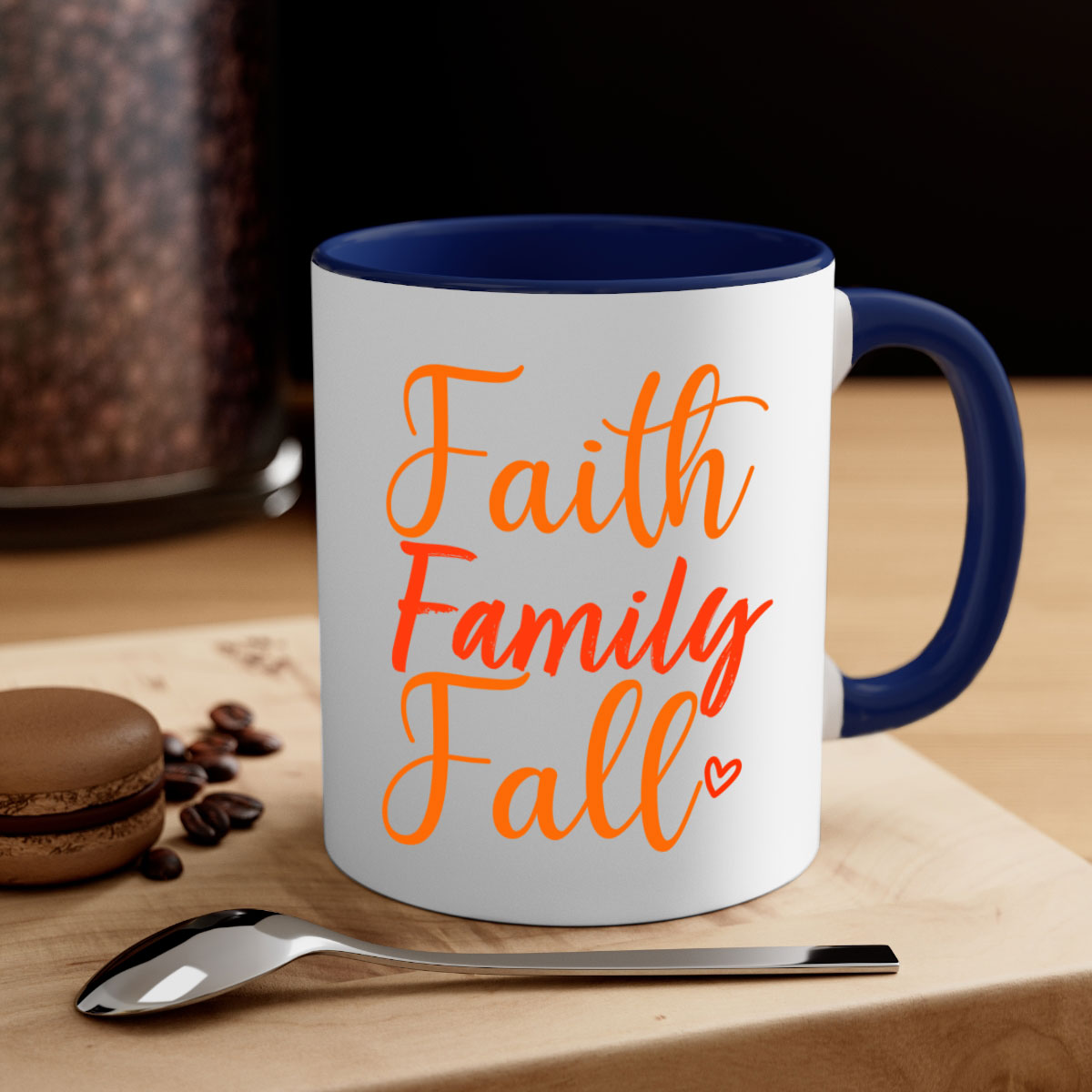 Faith Family Fall Design Mug with two-tone colors and glossy finish, featuring a colored handle and interior, perfect for coffee or tea.