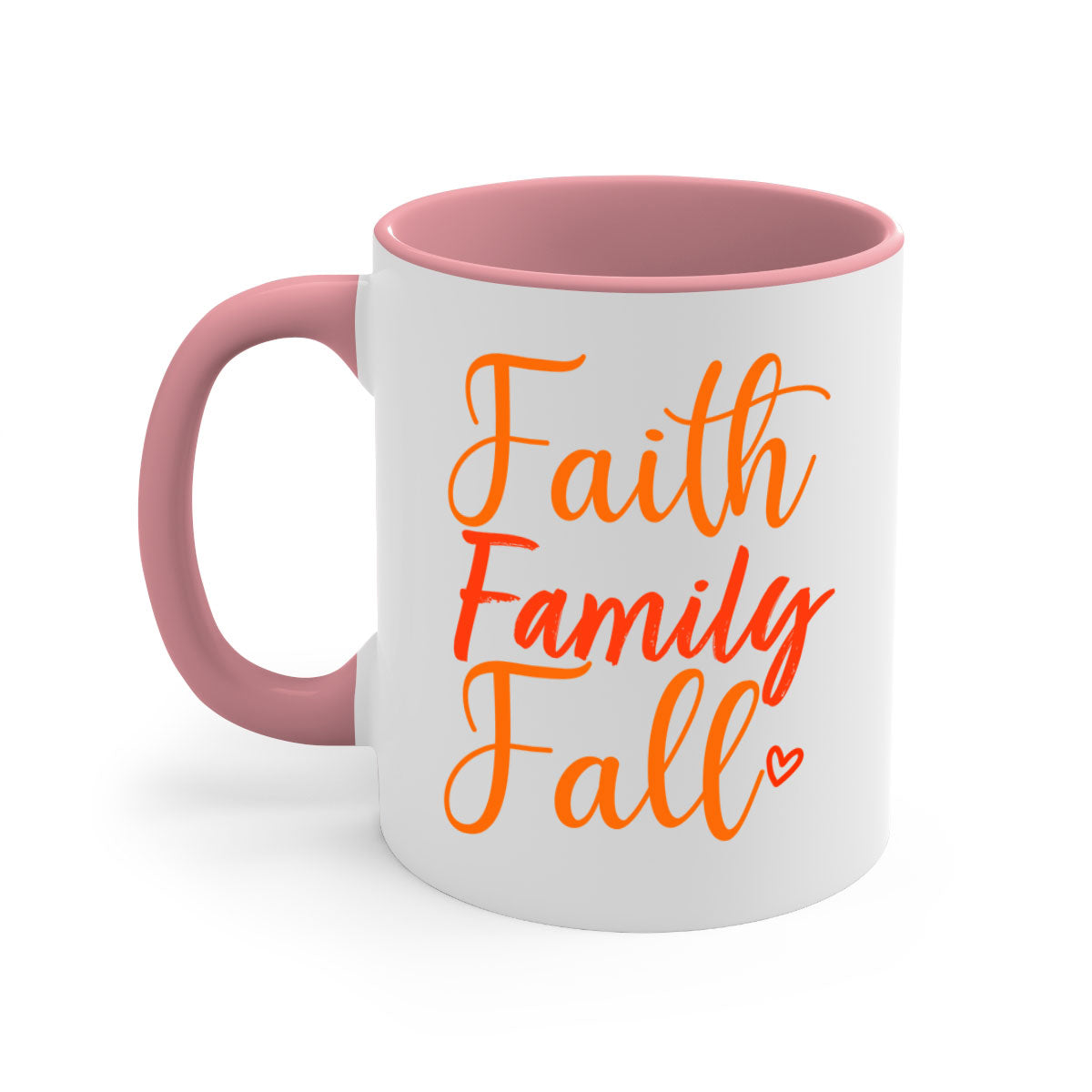 Faith Family Fall Design Mug with two-tone colors and glossy finish, featuring a colored handle and interior, perfect for coffee or tea.