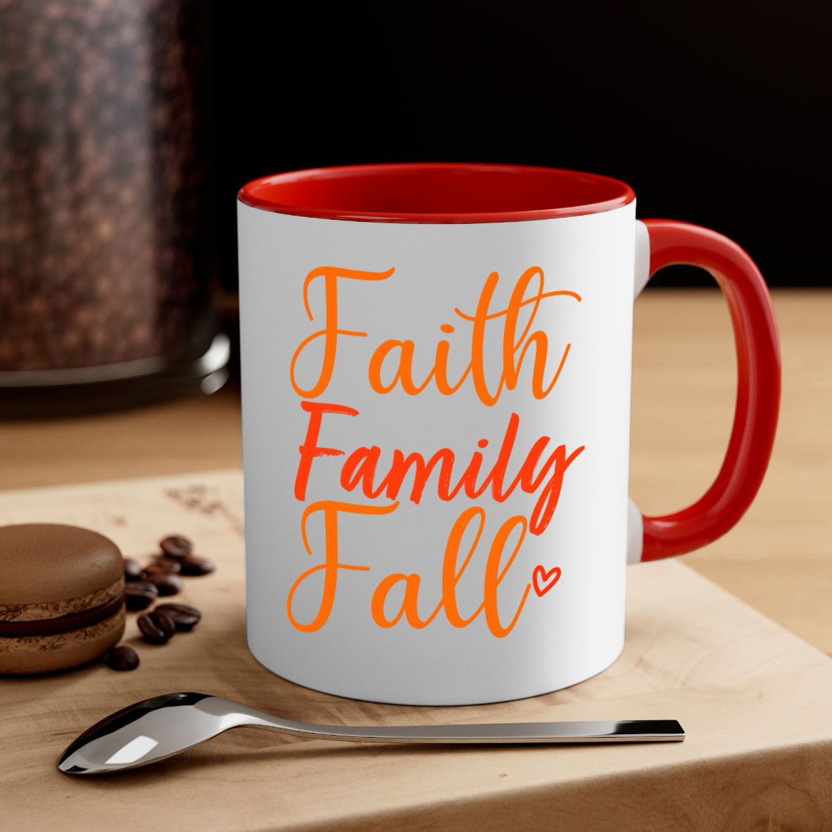 Faith Family Fall Design Mug with two-tone colors and glossy finish, featuring a colored handle and interior, perfect for coffee or tea.