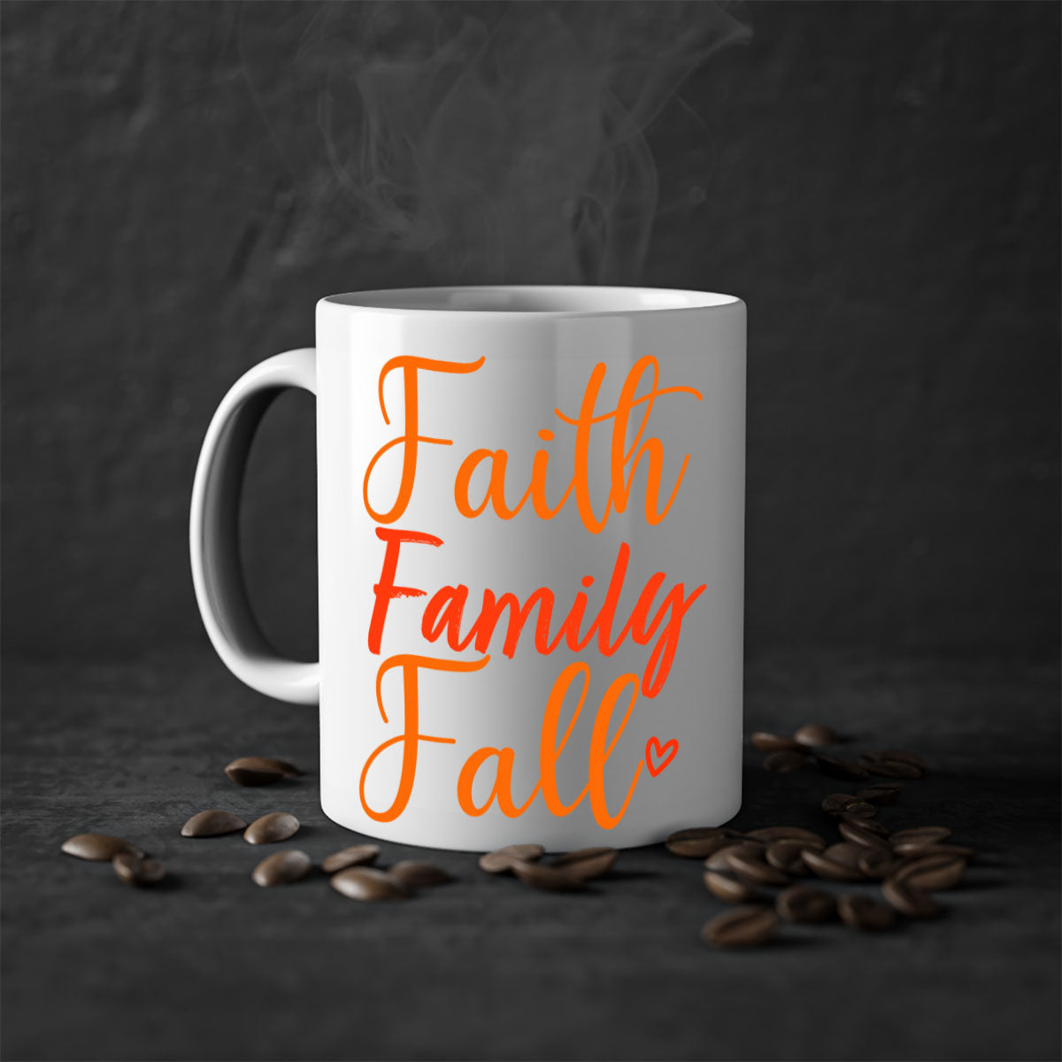 Faith Family Fall Design Mug with two-tone colors and glossy finish, featuring a colored handle and interior, perfect for coffee or tea.