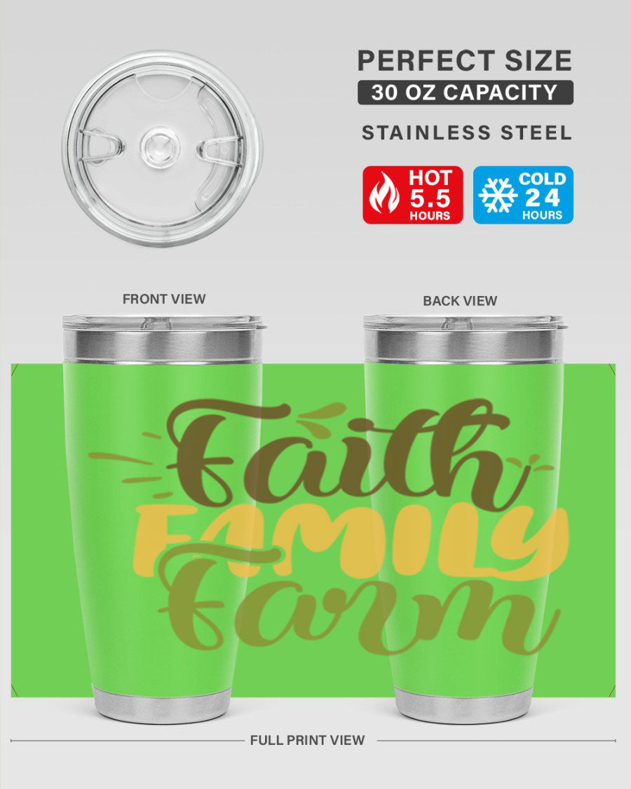 Faith Family Farm 20oz Tumbler made of stainless steel with a drink-thru lid, featuring a vibrant printed design.