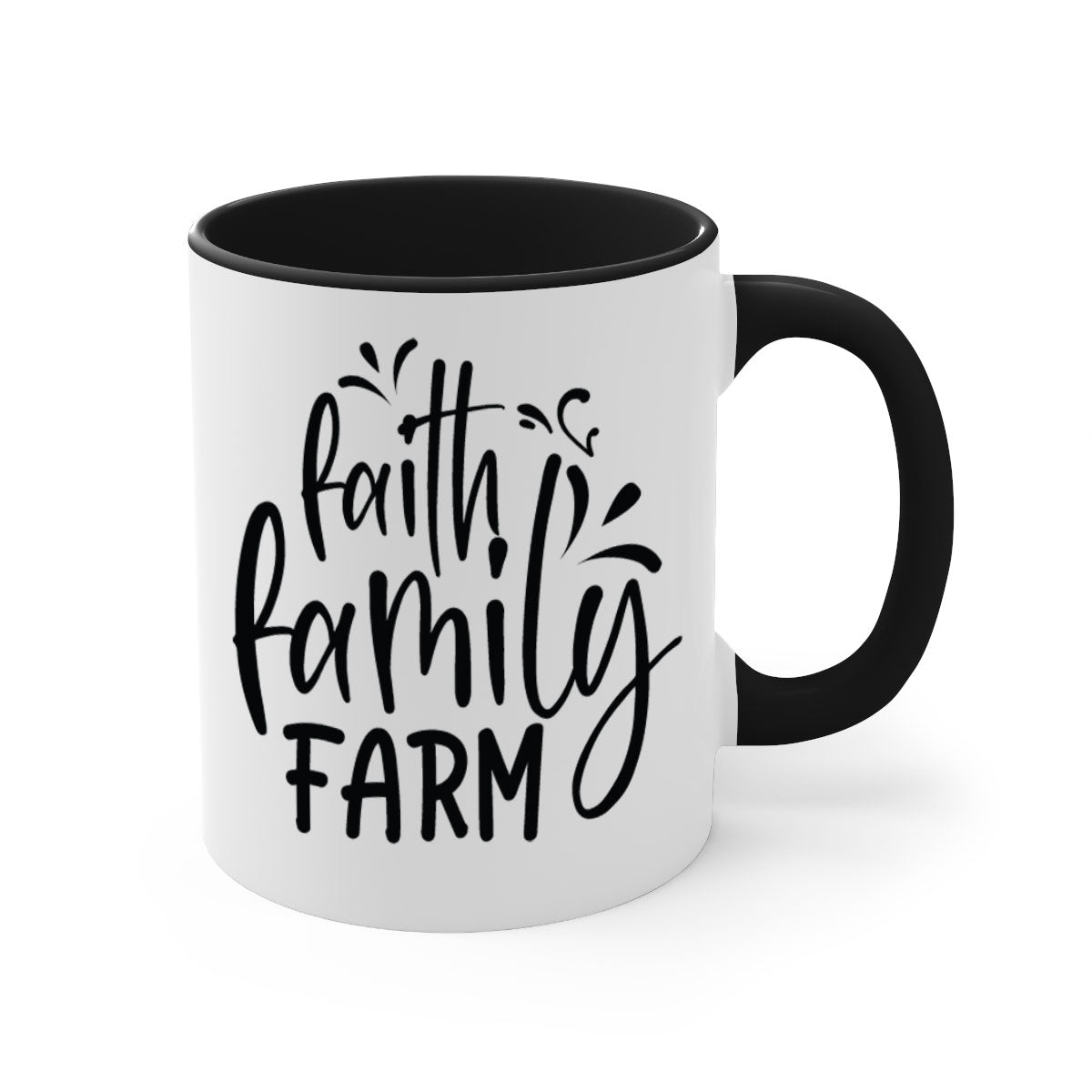 Faith Family Farm 44# Mug featuring a glossy finish, colored handle, and interior, available in multiple colors and sizes.