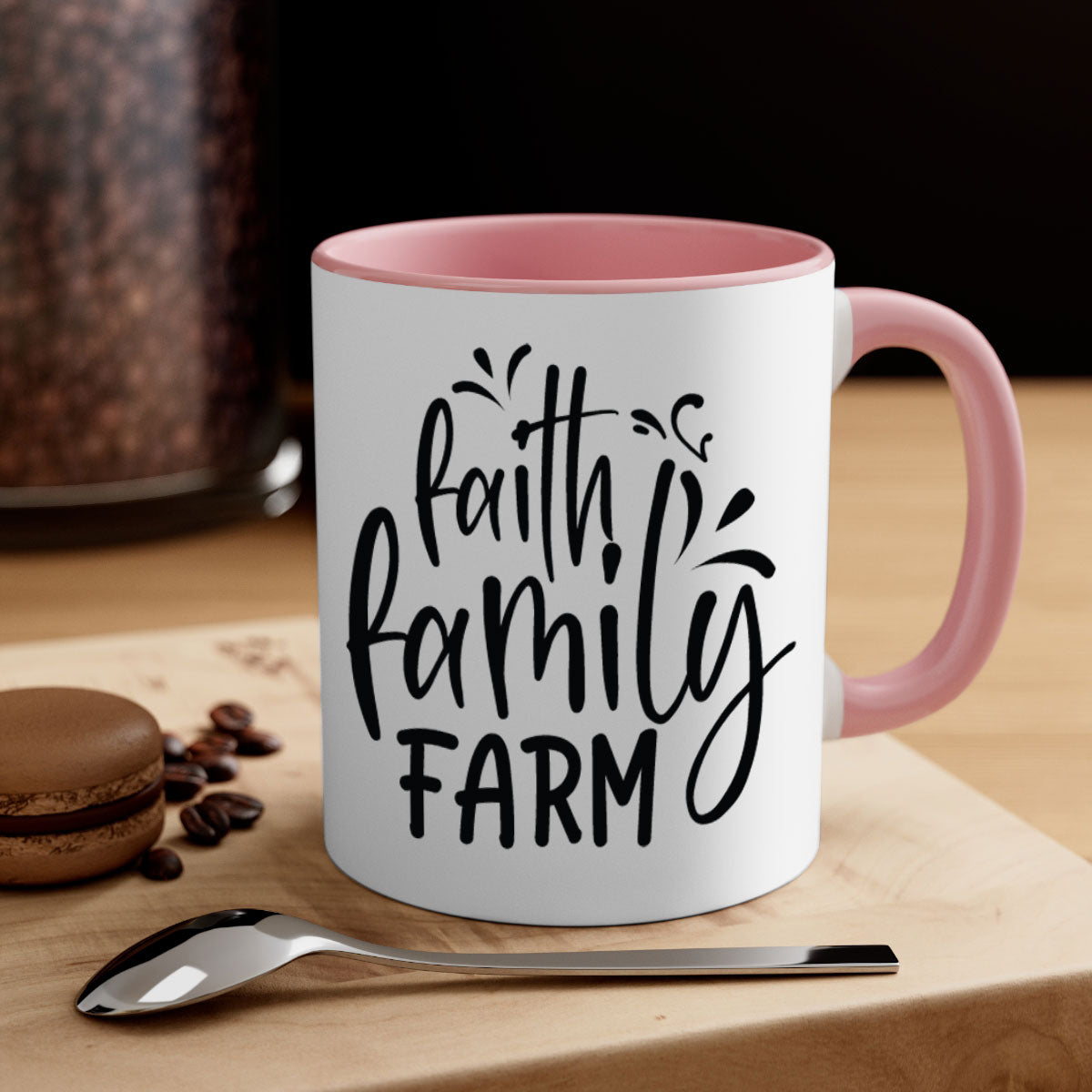 Faith Family Farm 44# Mug featuring a glossy finish, colored handle, and interior, available in multiple colors and sizes.