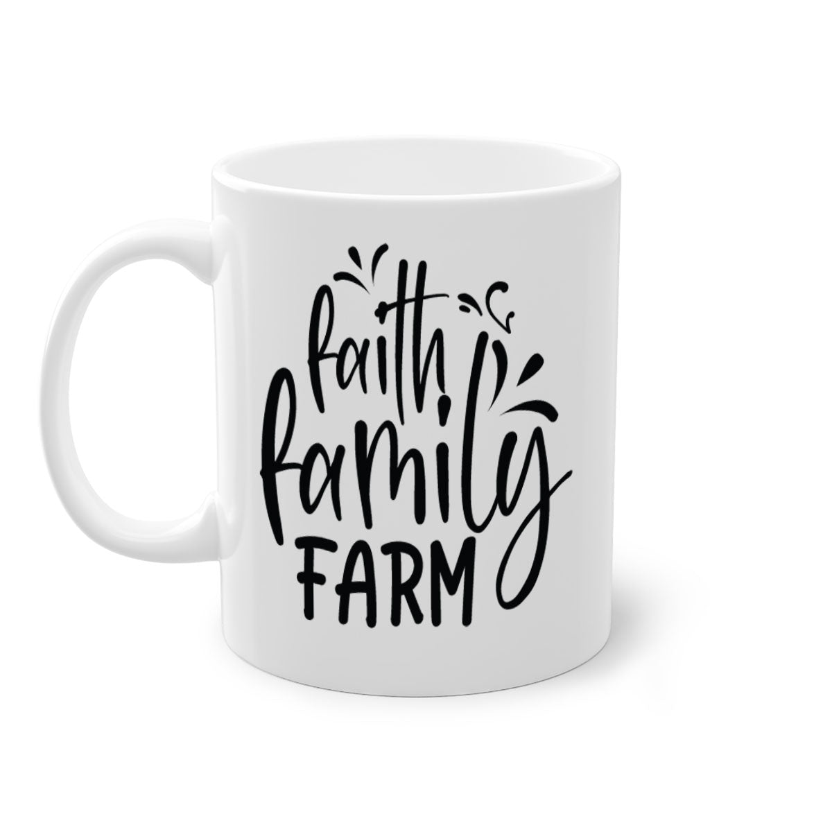 Faith Family Farm 44# Mug featuring a glossy finish, colored handle, and interior, available in multiple colors and sizes.
