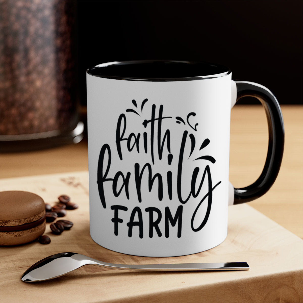 Faith Family Farm 44# Mug featuring a glossy finish, colored handle, and interior, available in multiple colors and sizes.