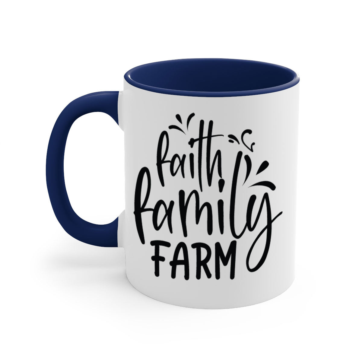 Faith Family Farm 44# Mug featuring a glossy finish, colored handle, and interior, available in multiple colors and sizes.