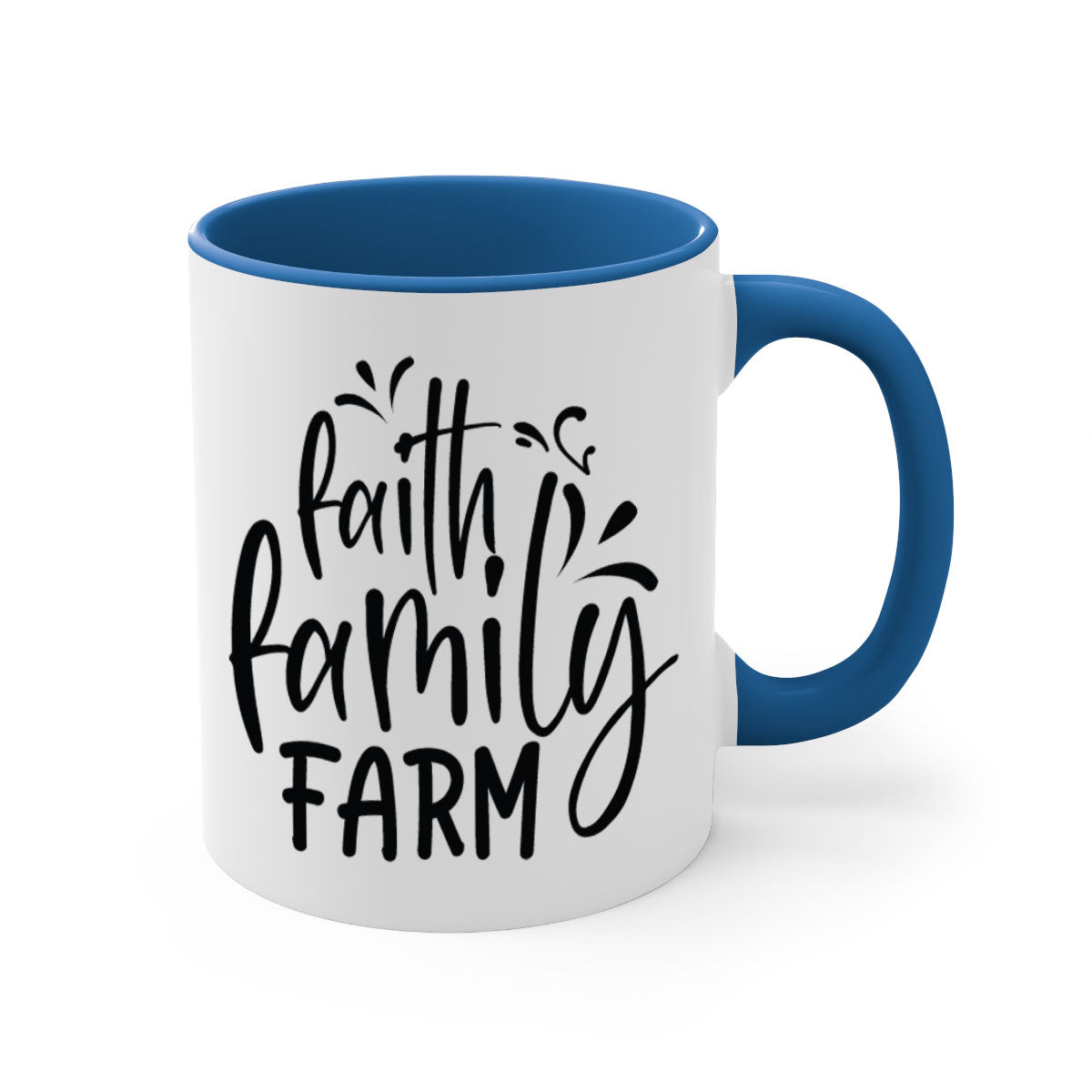 Faith Family Farm 44# Mug featuring a glossy finish, colored handle, and interior, available in multiple colors and sizes.