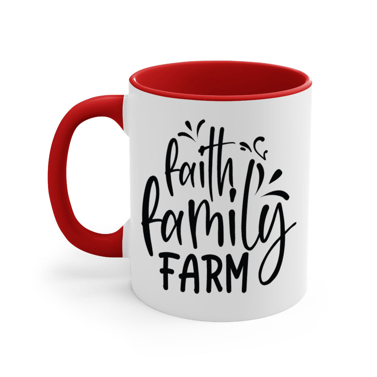 Faith Family Farm 44# Mug featuring a glossy finish, colored handle, and interior, available in multiple colors and sizes.