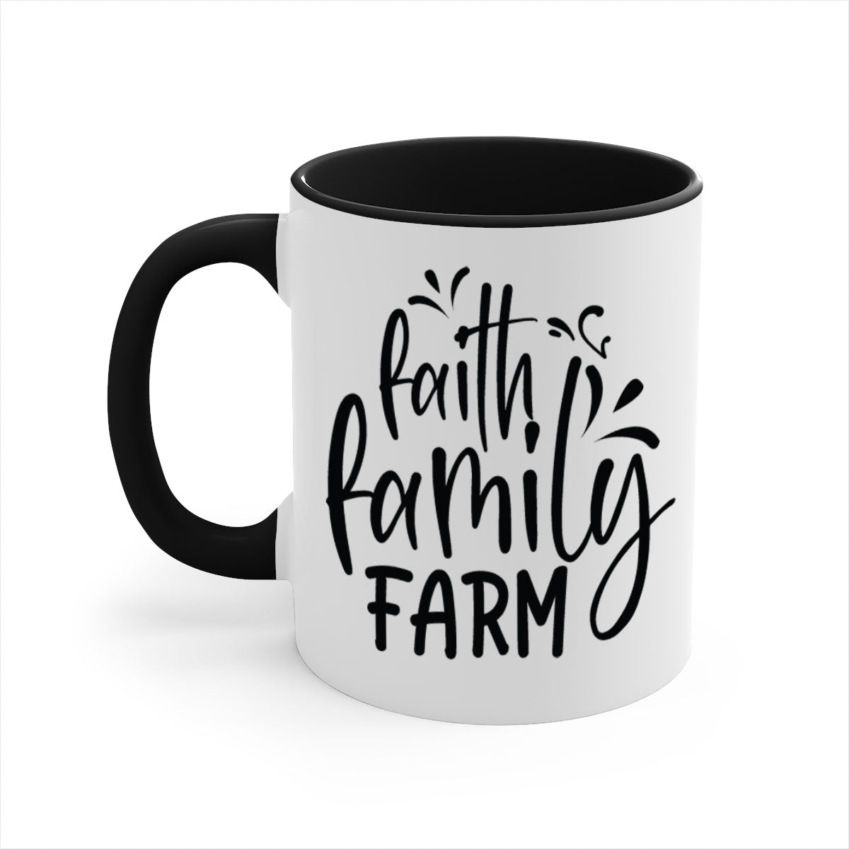 Faith Family Farm 44# Mug featuring a glossy finish, colored handle, and interior, available in multiple colors and sizes.