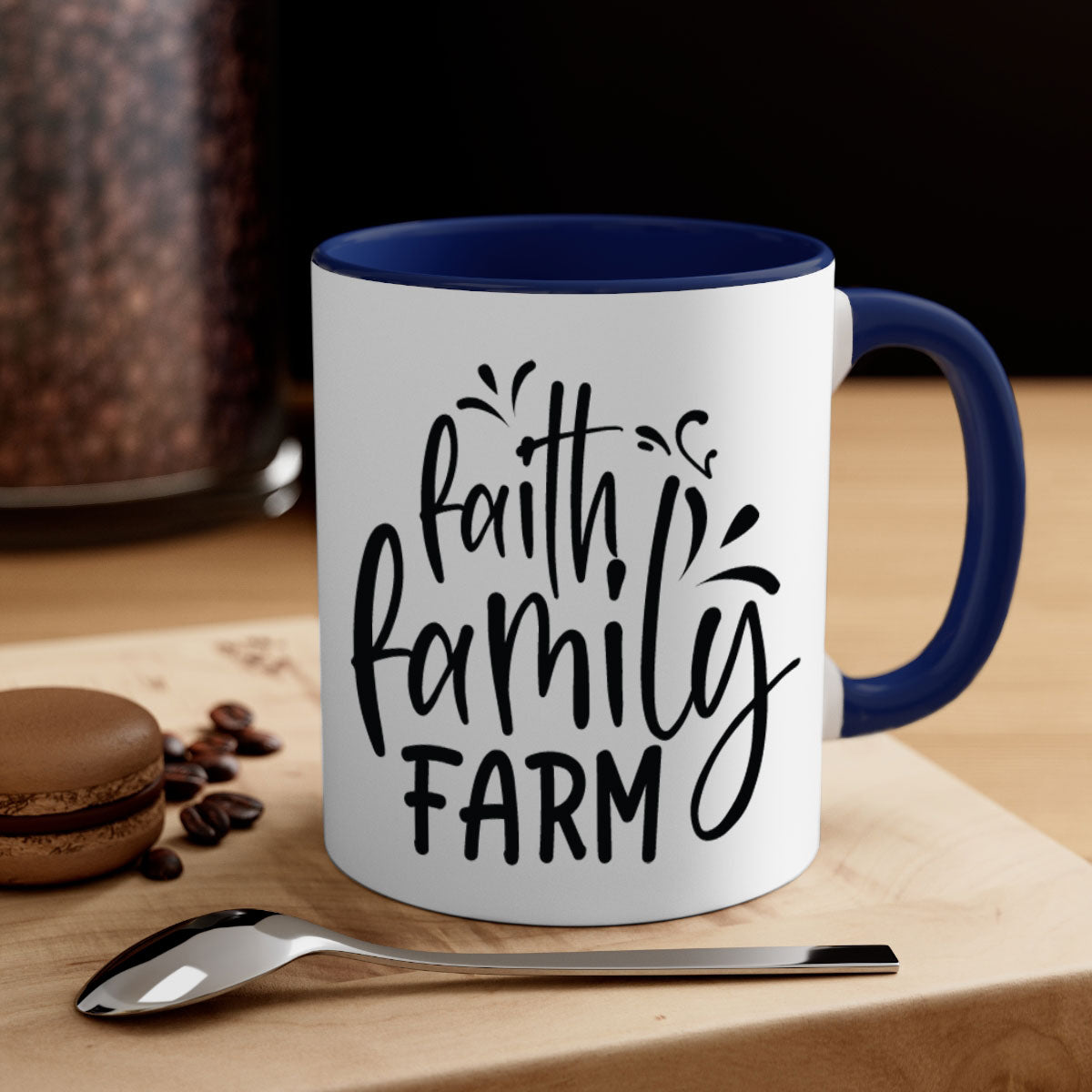 Faith Family Farm 44# Mug featuring a glossy finish, colored handle, and interior, available in multiple colors and sizes.