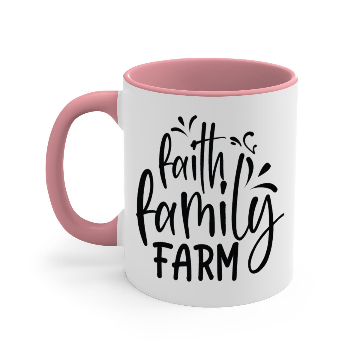 Faith Family Farm 44# Mug featuring a glossy finish, colored handle, and interior, available in multiple colors and sizes.
