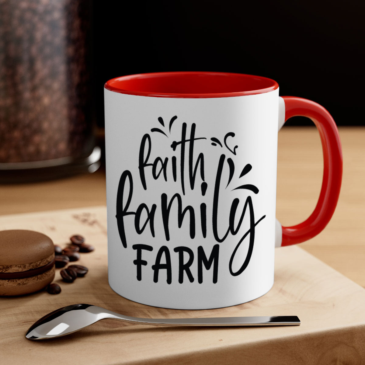 Faith Family Farm 44# Mug featuring a glossy finish, colored handle, and interior, available in multiple colors and sizes.