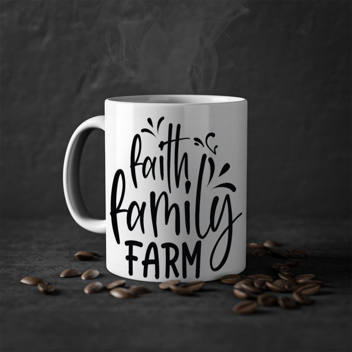 Faith Family Farm 44# Mug featuring a glossy finish, colored handle, and interior, available in multiple colors and sizes.