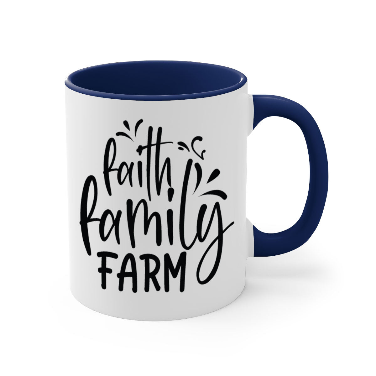 Faith Family Farm 44# Mug featuring a glossy finish, colored handle, and interior, available in multiple colors and sizes.