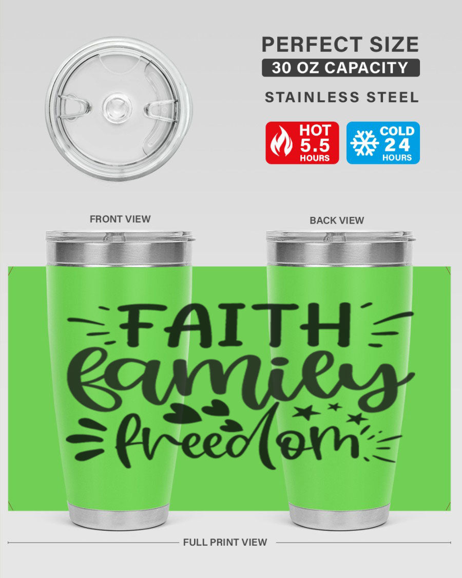 Faith Family Freedom 43# Tumbler in stainless steel with a drink-thru lid, showcasing its sleek design and vibrant printed graphics.
