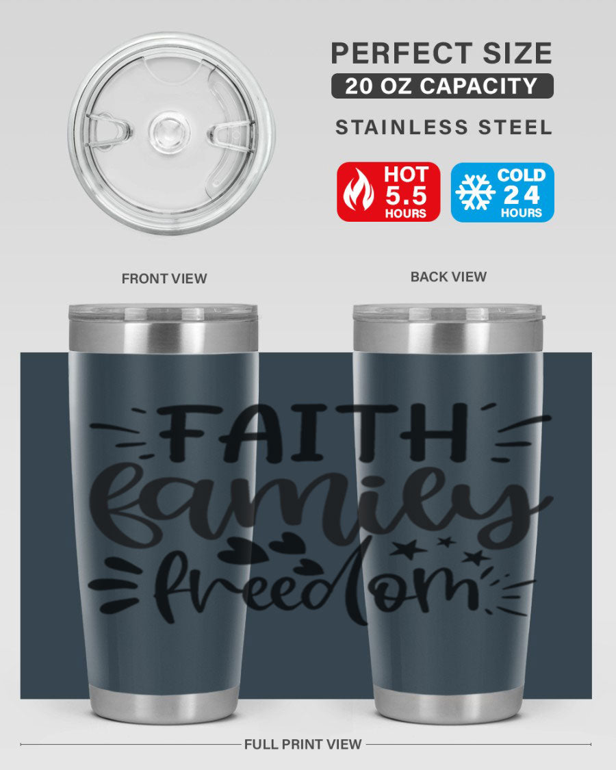Faith Family Freedom 43# Tumbler in stainless steel with a drink-thru lid, showcasing its sleek design and vibrant printed graphics.