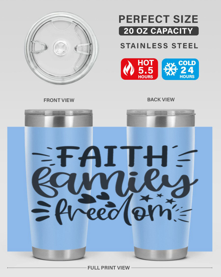 Faith Family Freedom 43# Tumbler in stainless steel with a drink-thru lid, showcasing its sleek design and vibrant printed graphics.