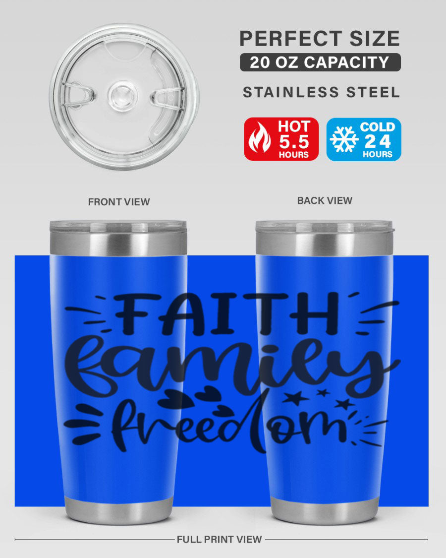 Faith Family Freedom 43# Tumbler in stainless steel with a drink-thru lid, showcasing its sleek design and vibrant printed graphics.