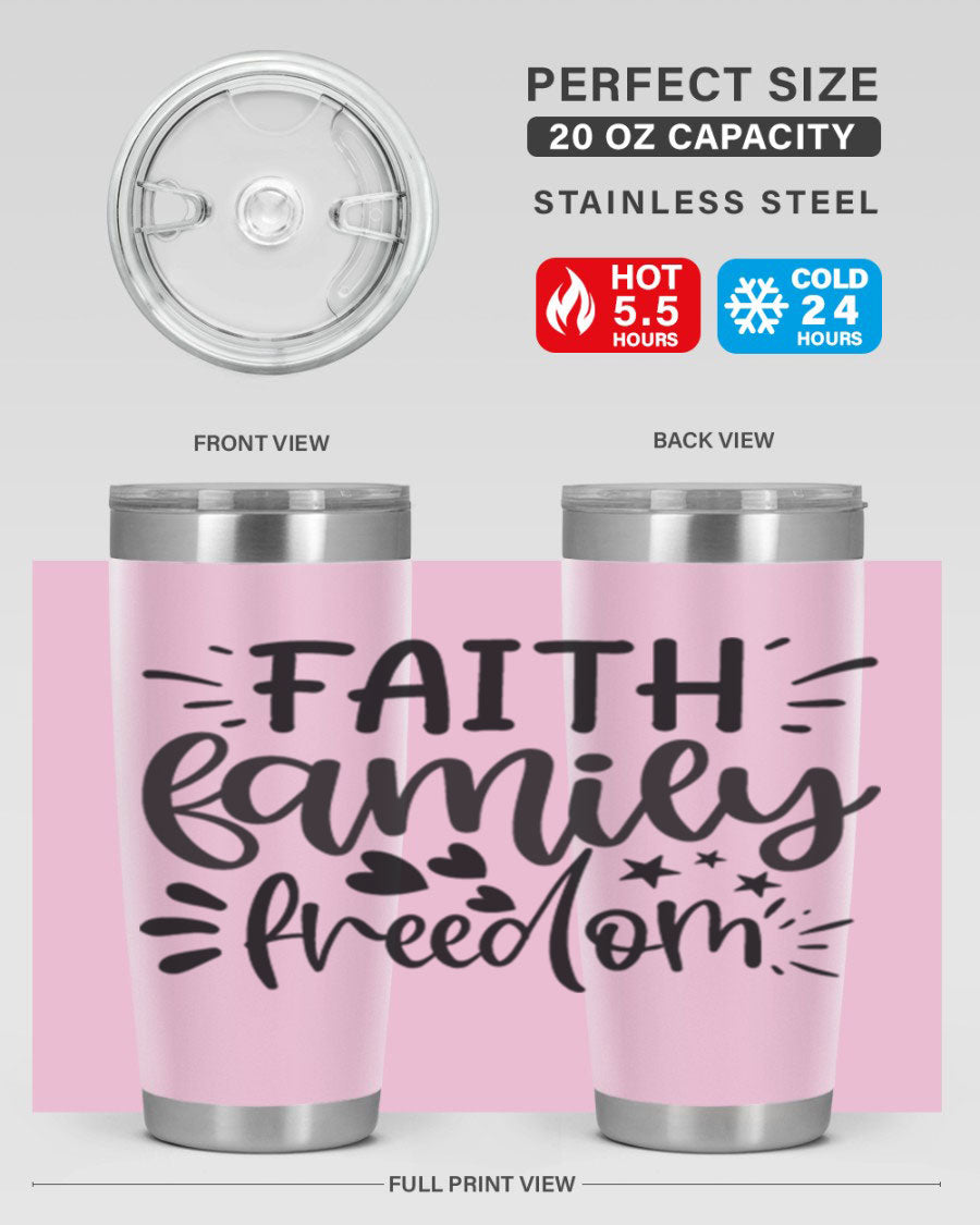Faith Family Freedom 43# Tumbler in stainless steel with a drink-thru lid, showcasing its sleek design and vibrant printed graphics.