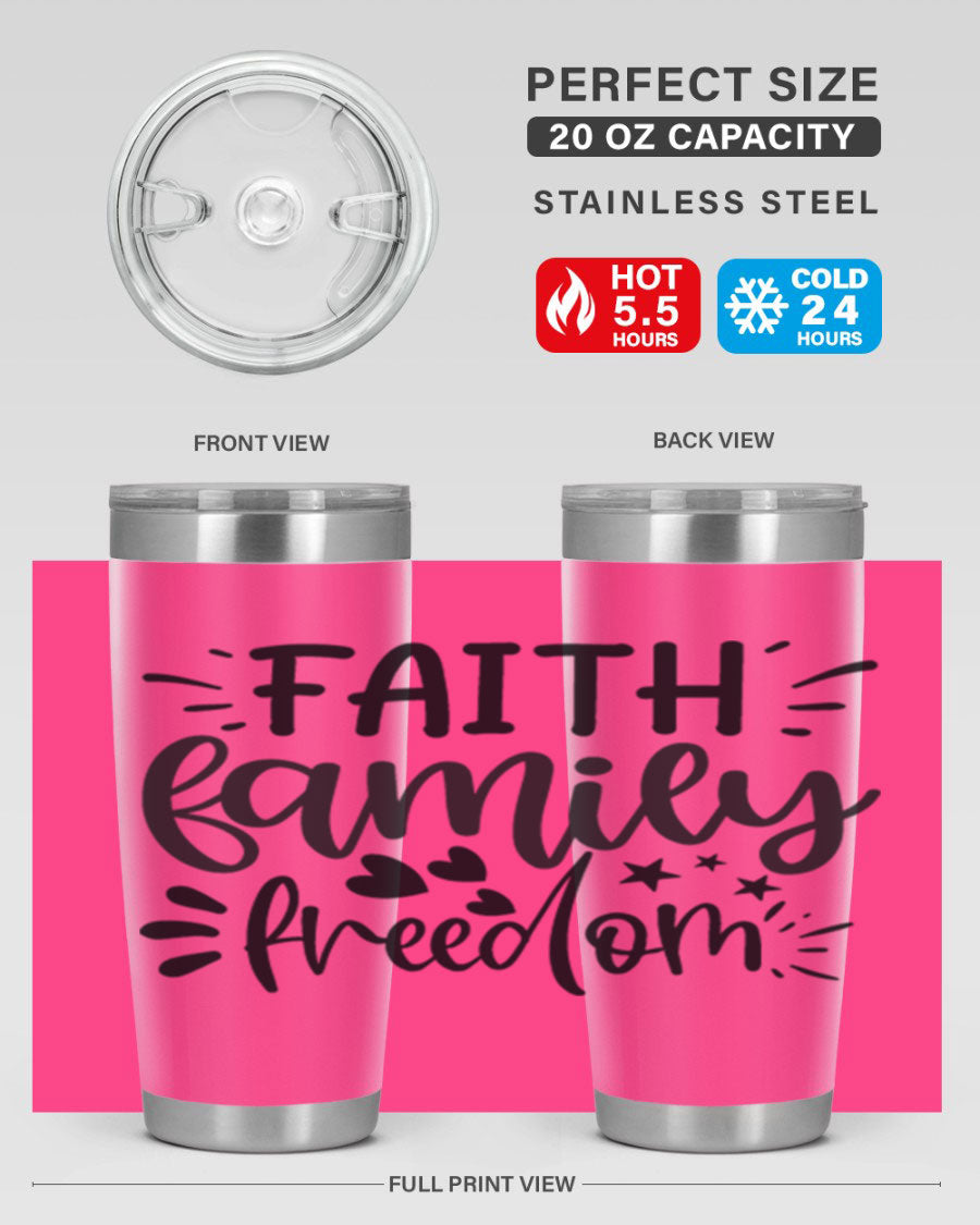 Faith Family Freedom 43# Tumbler in stainless steel with a drink-thru lid, showcasing its sleek design and vibrant printed graphics.