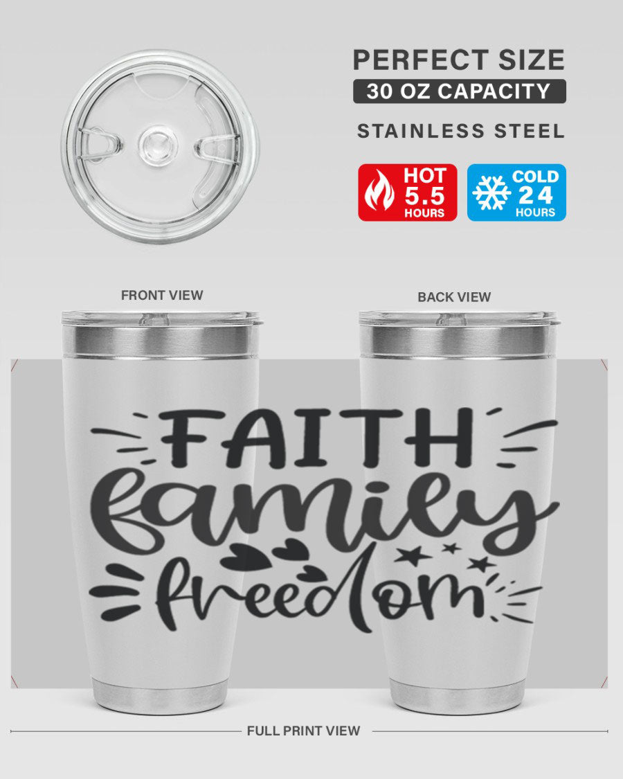 Faith Family Freedom 43# Tumbler in stainless steel with a drink-thru lid, showcasing its sleek design and vibrant printed graphics.