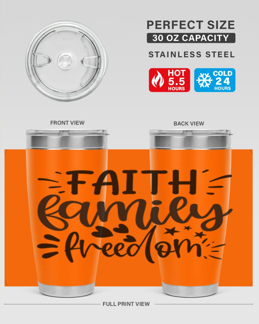 Faith Family Freedom 43# Tumbler in stainless steel with a drink-thru lid, showcasing its sleek design and vibrant printed graphics.