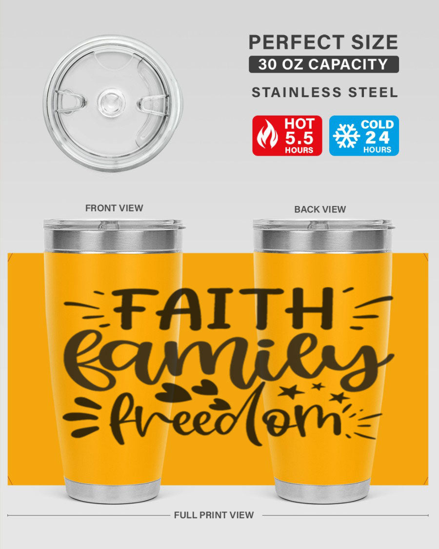 Faith Family Freedom 43# Tumbler in stainless steel with a drink-thru lid, showcasing its sleek design and vibrant printed graphics.