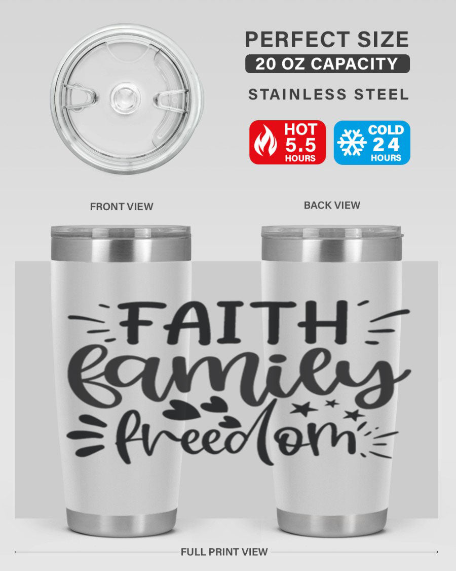 Faith Family Freedom 43# Tumbler in stainless steel with a drink-thru lid, showcasing its sleek design and vibrant printed graphics.