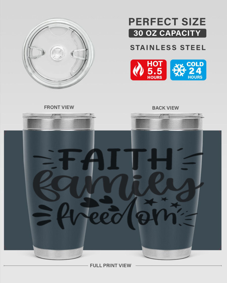Faith Family Freedom 43# Tumbler in stainless steel with a drink-thru lid, showcasing its sleek design and vibrant printed graphics.