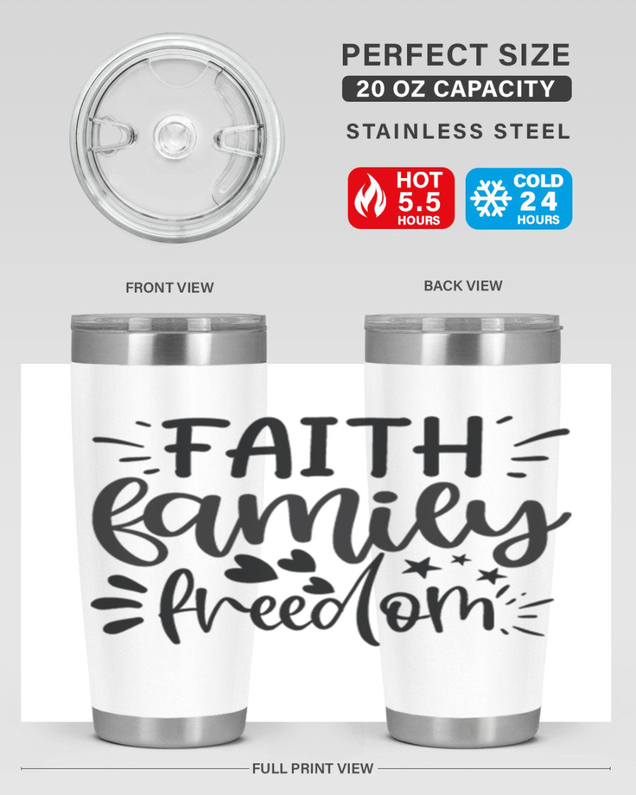 Faith Family Freedom 43# Tumbler in stainless steel with a drink-thru lid, showcasing its sleek design and vibrant printed graphics.