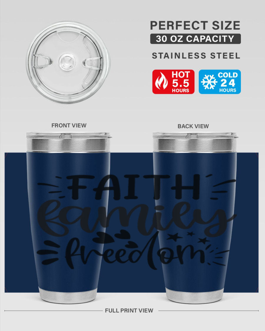Faith Family Freedom 43# Tumbler in stainless steel with a drink-thru lid, showcasing its sleek design and vibrant printed graphics.