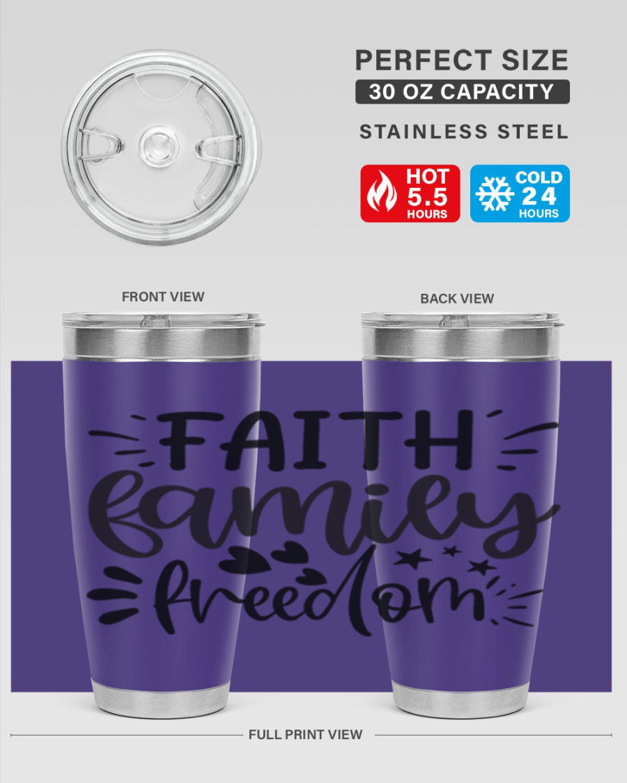 Faith Family Freedom 43# Tumbler in stainless steel with a drink-thru lid, showcasing its sleek design and vibrant printed graphics.